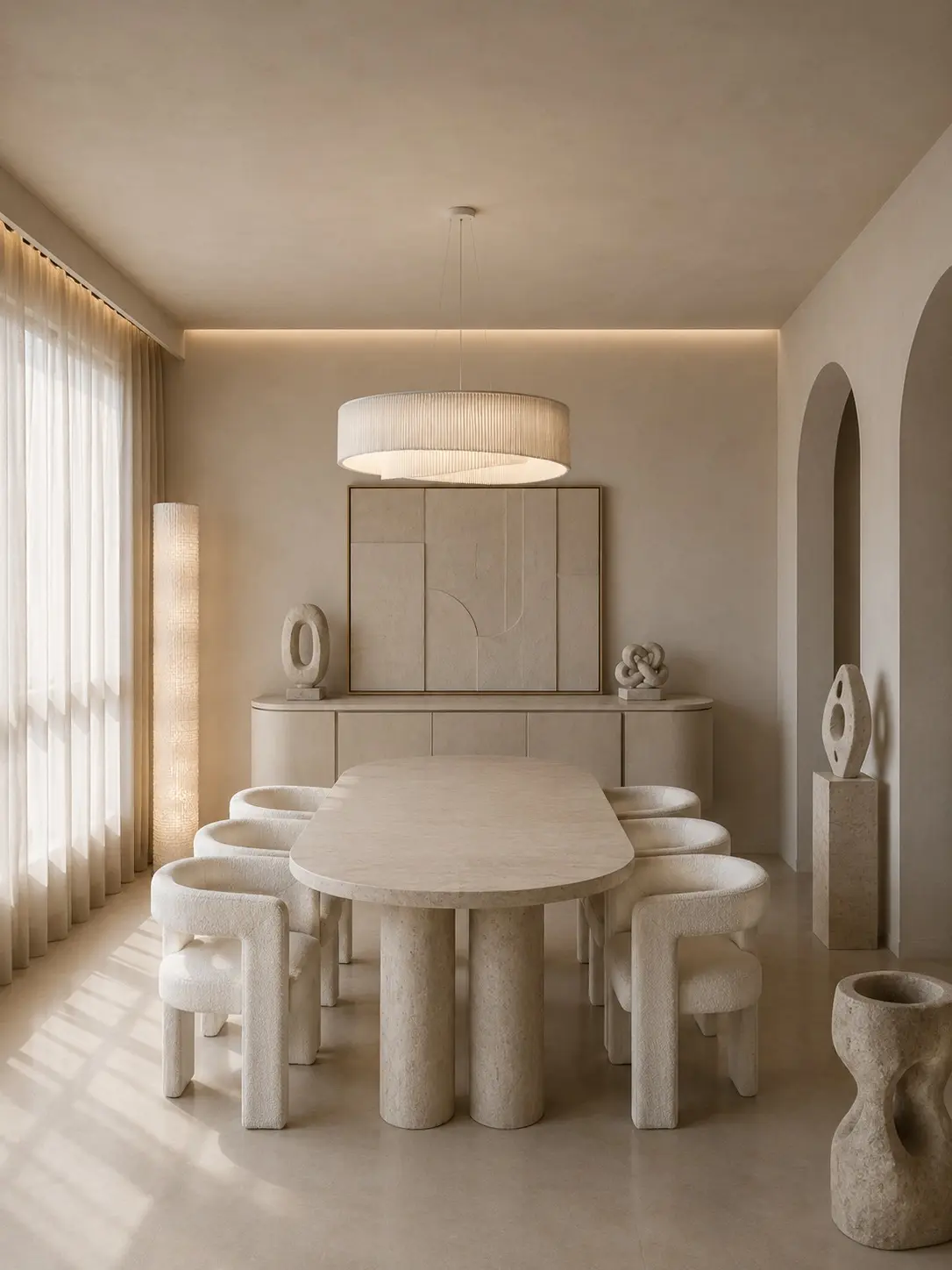 Soft neutral sculptural dining room visualization