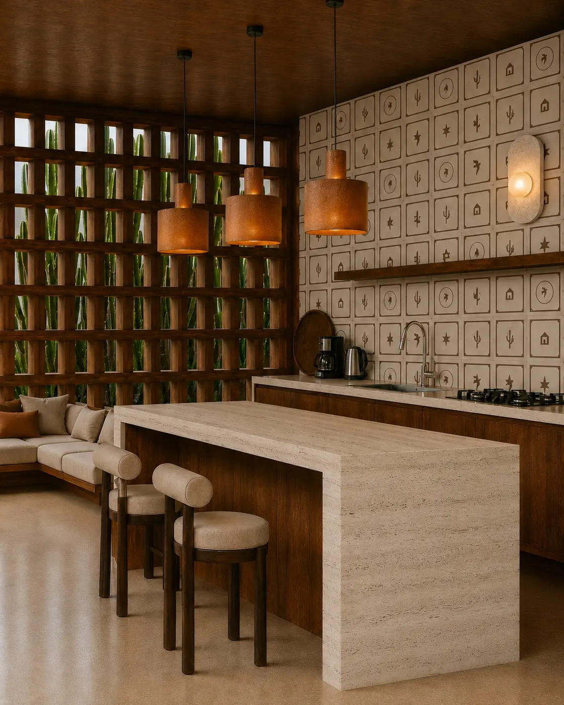 Warm contemporary kitchen visualization with patterned tile wall