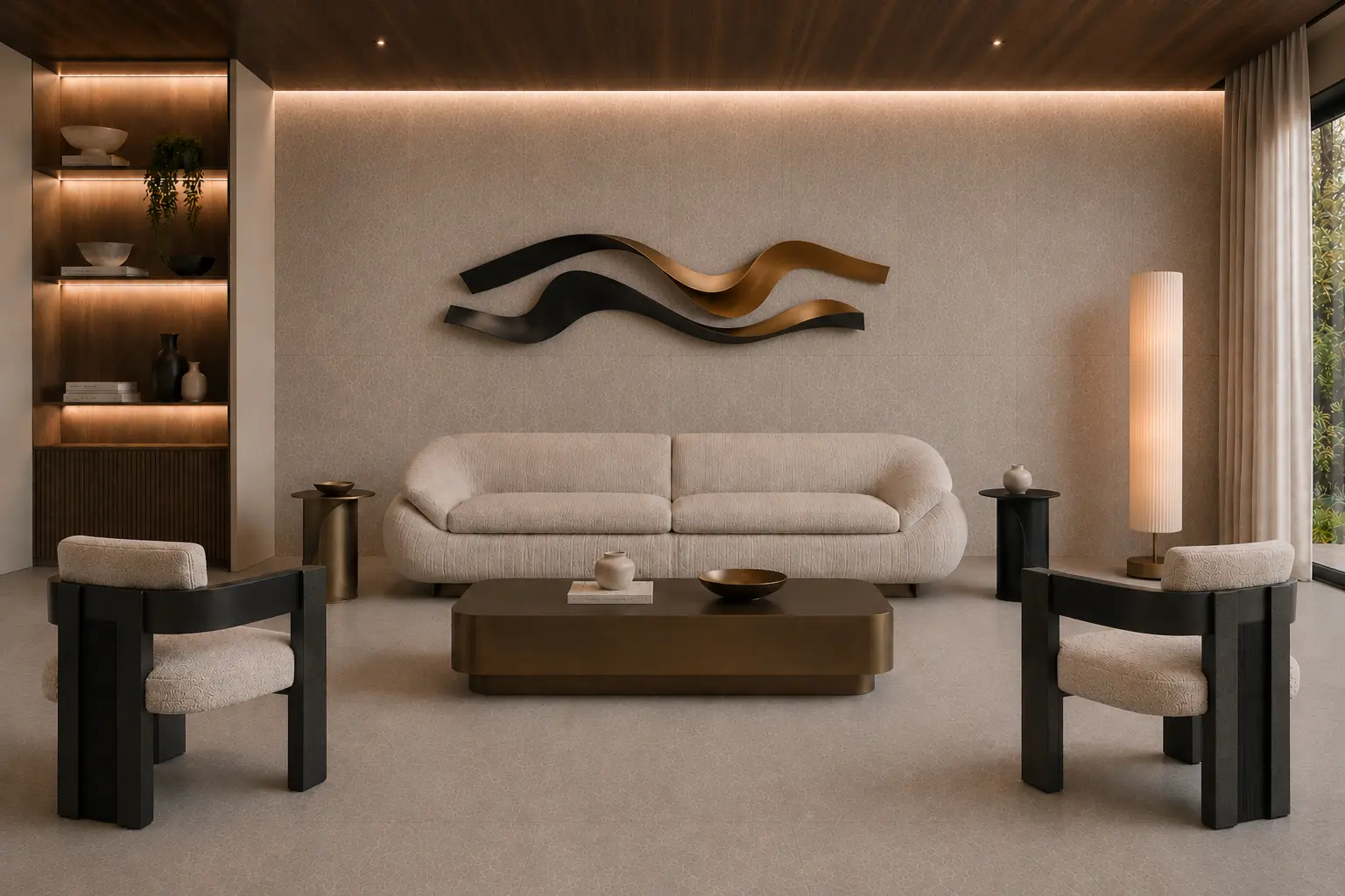 Sculptural neutral living room visualization by Sândalo