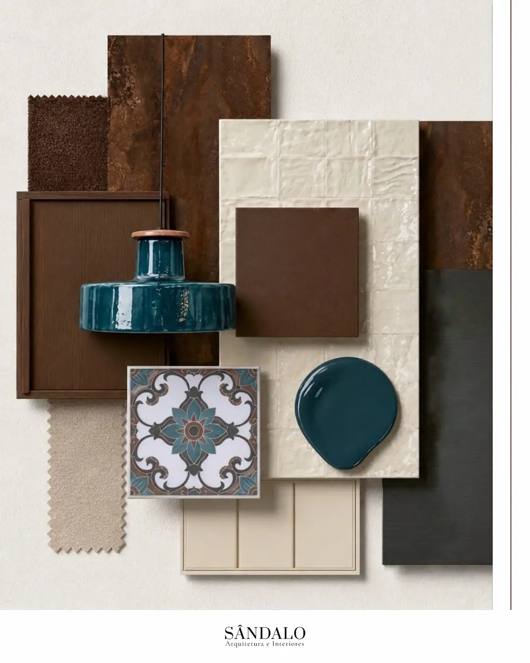 Deep teal and warm wood interior material moodboard