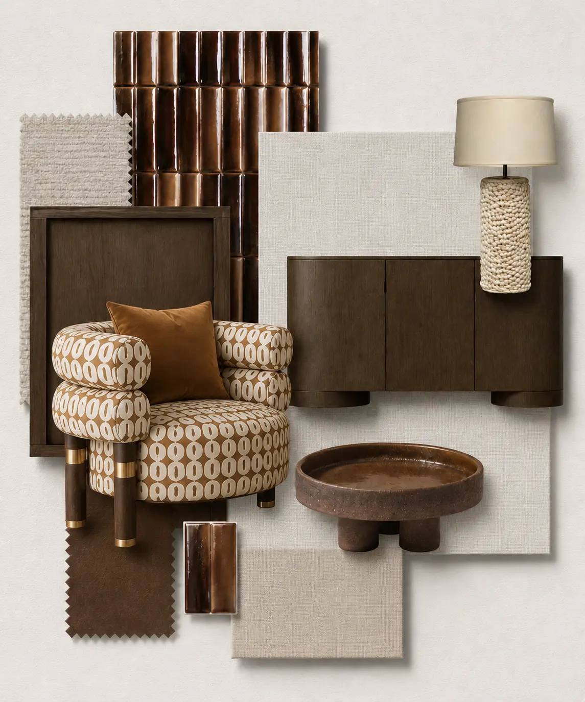 Warm neutral lounge material moodboard