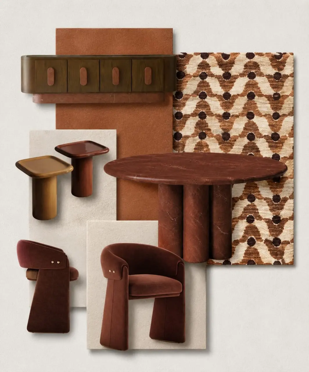 Terracotta interior material and furniture moodboard