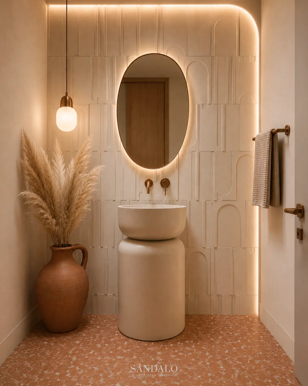 Warm powder room visualization with sculptural wall tile